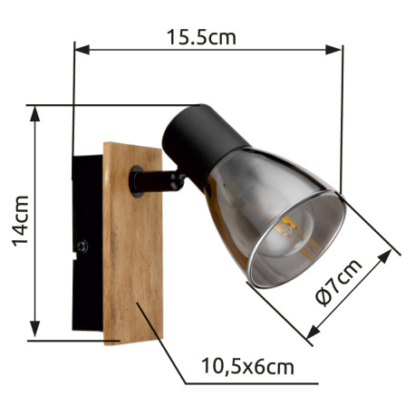 Nástenné svietidlo, drevo hnedé, kov čierny, dymové sklo, s vypínačom, ŠxV:70x140mm, H: 155mm, bez ž 11
