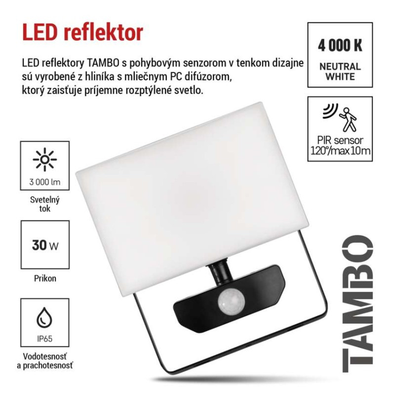 LED reflektor TAMBO so senzorom pohybu, 30 W, 3000 lm, čierny 6