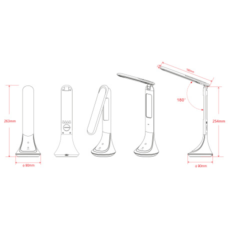 Nabíjateľná stolová lampa, plast, čierna, hodiny, kalendár, budík, s adaptérom, zapnutie dotykom, do 15