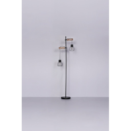 Stojanové svietidlo, čierny kov, drevo, vypínač, DxŠxV: 470x250x1680, bez žiaroviek 2xE27, max. 40W 18