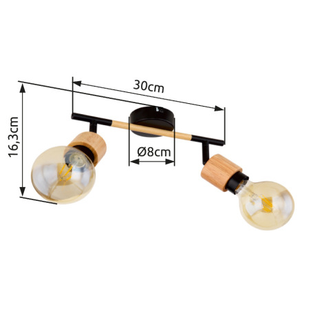 Nástenné svietidlo, kov čierny, svetlé drevo, DxŠxV:300x80x160, bez žiaroviek 2xE27, max. 40W 230V 18