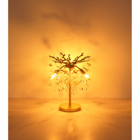 Stolové svietidlo, kov zlatej matnej farby, sklenené krištále jantárové, číre, kábel PVC, kolískový 11