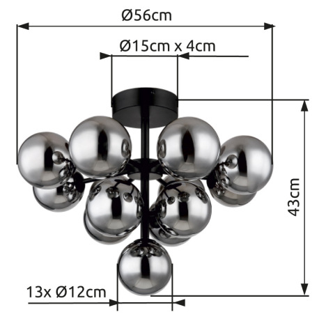 Stropné svietidlo, kov čierny, sklenené gule dymovej farby, ø: 560 mm, V: 430 mm, bez žiaroviek 13xG 12