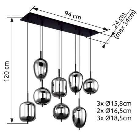 Závesné svietidlo, čierny kov, dymové sklo, rôzne tvary skla, DxŠxV: 940x340x1200, bez žiaroviek 8xE 7