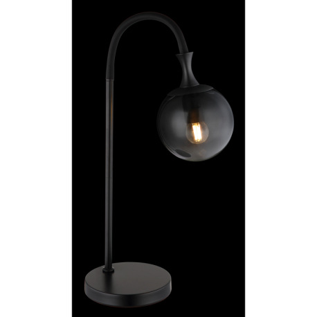 Stolové svietidlo, kov čierny matný, sklenená guľa dymovej farby, kábel PVC čierny, kolískový vypína 2