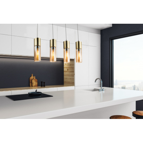 Závesné svietidlo, kov zlatý matný, sklo jantár, hnedý textilný kábel, DxŠxV:800x90x1560, bez žiarov 9