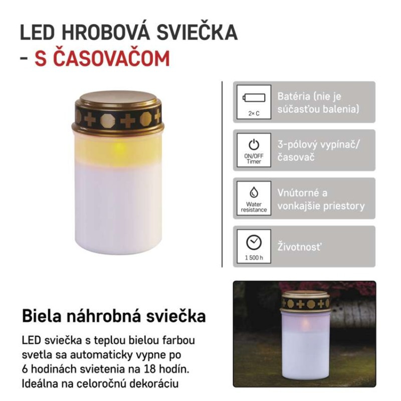 LED náhrobná sviečka, 12,5 cm, 2x C, vonkajšia aj vnútorná, vintage, časovač 4