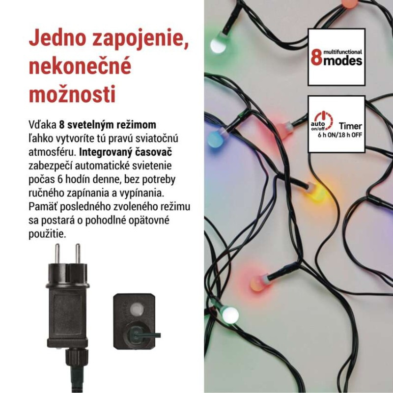LED vianočná cherry reťaz–guličky, 8 m, vonkajšia aj vnútorná, multicolor,programy,časovač 2