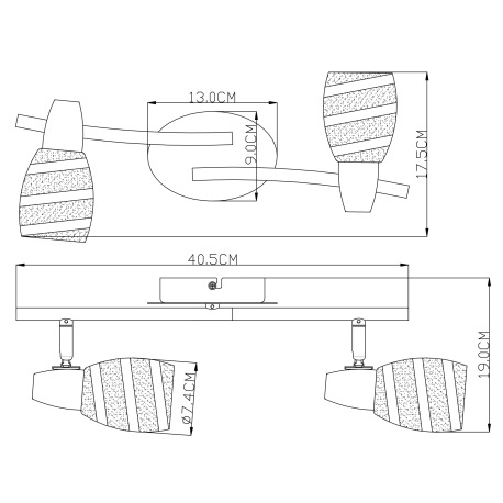 Bočné svietidlo, chróm, satinované sklo, DxŠxV:405x90x190, bez žiaroviek 2xE14, max. 40W 230V. 1