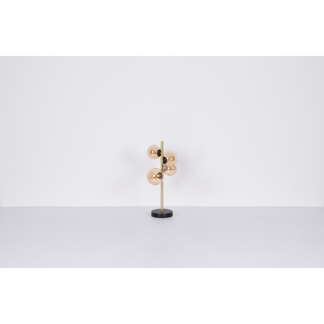 Stolová lampa, kov čierny, kov mosadz, sklo jantárové, s vypínačom na kábli, DxŠxV:240x190x480mm, dĺ 20