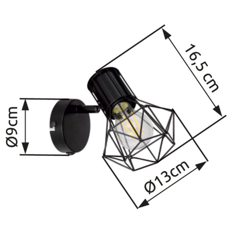 Nástenné svietidlo, čierny kov, vypínač, ŠxV:130x165, H: 165, bez žiarovky 1xE27, max. 40W 230V 11