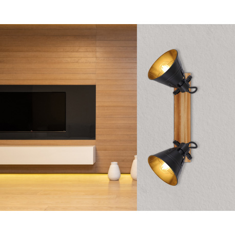 Nástenné svietidlo, drevo hnedé, kov čierny matný, zlatý, drevo dubový vzhľad, ŠxV: 140x380, H: 175, 7