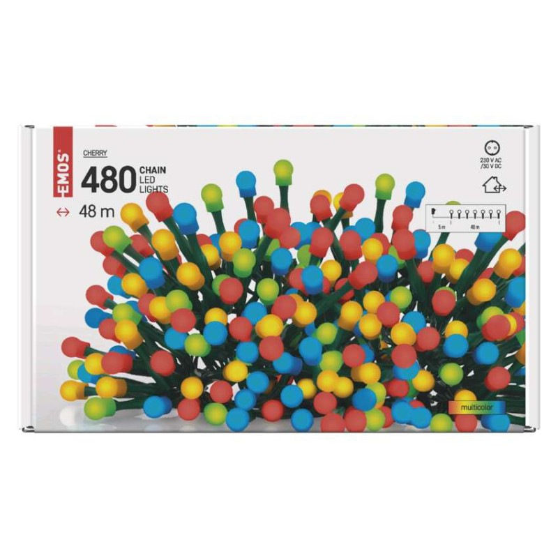 LED vianočná cherry reťaz – guličky, 48 m, vonkajšia aj vnútorná, multicolor, časovač 6