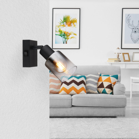 Nástenné svietidlo, kov čierny matný, dymové sklo s prechodom do priehľadného skla, kolískový vypína 1