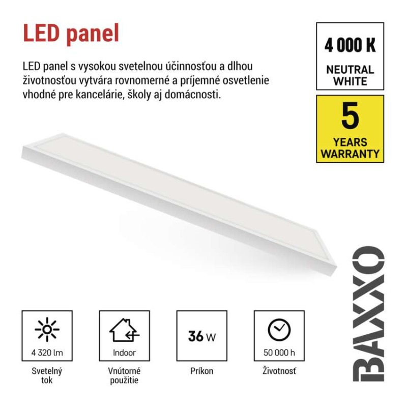 LED panel BAXXO 30×120, obdĺžnikový prisazeny biely, 36W neutr. b. 4