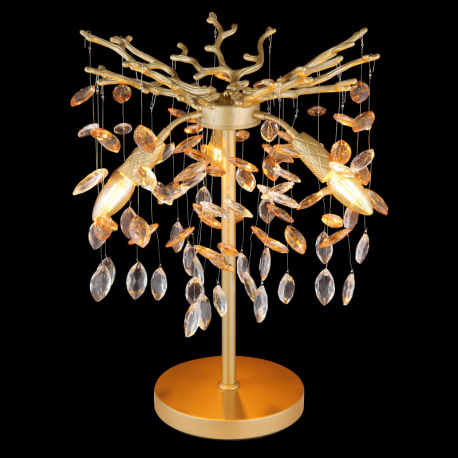 Stolové svietidlo, kov zlatej matnej farby, sklenené krištále jantárové, číre, kábel PVC, kolískový 8