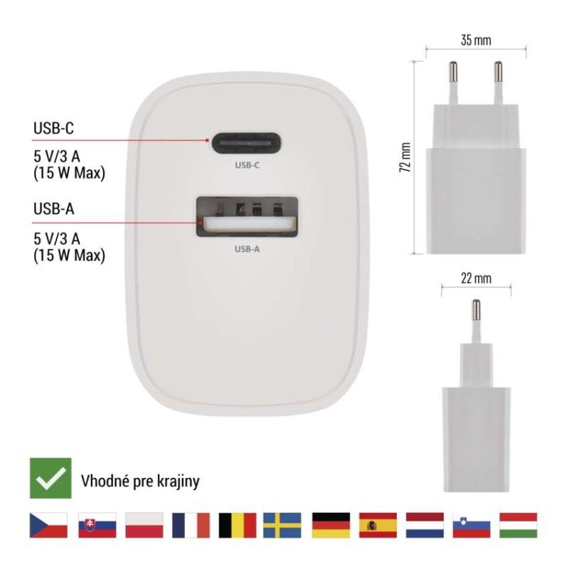 Univerzálny USB adaptér BASIC do siete 15 W max. 3