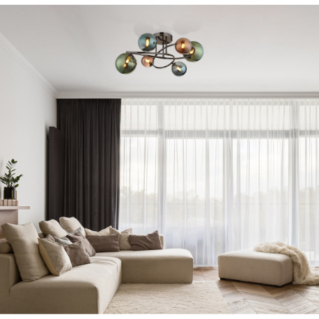 Stropné svietidlo, kov sivý matný, sklenené gule, farby skla: bronzová, zelená, petrolejová, ø: 650m 3