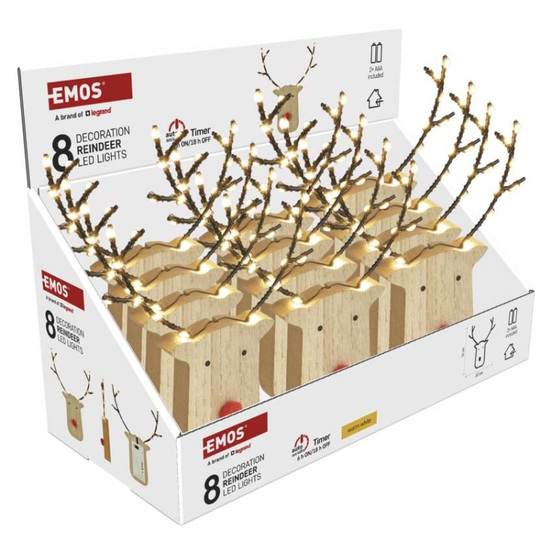 LED dekorácia drevená – sobík, 16 cm, 2x AAA, vnútorné, teplá biela, časovač, 12 ks, displ 6