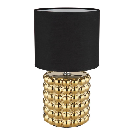 Stolná lampa keramická zlatej farby, textil čierny, kábel PVC čierny, kolískový vypínač na kábli, ø: 2