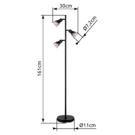 Stojanové svietidlo, kov čierny matný, sklo dymové a priehľadné, kábel PVC čierny, vyínač na kábli, 9