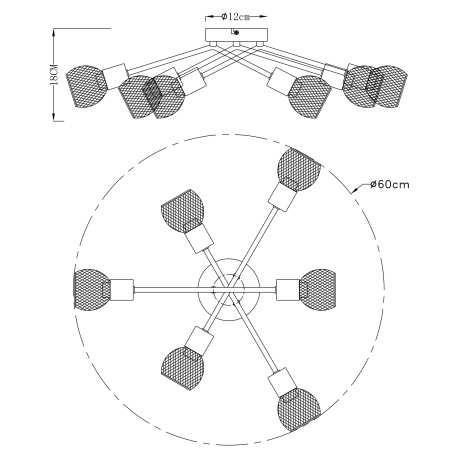 Stropné svietidlo, kov čierny, mosadz, tienidlo - kovová mriežka, Ø 600, V: 180, bez žiaroviek 6xE14 5