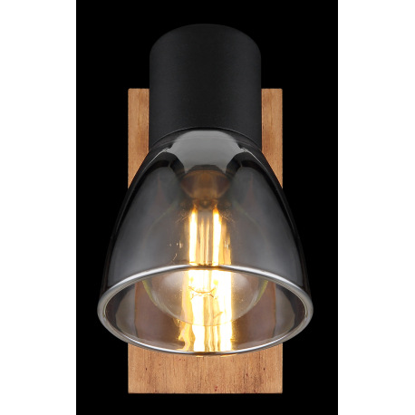 Nástenné svietidlo, drevo hnedé, kov čierny, dymové sklo, s vypínačom, ŠxV:70x140mm, H: 155mm, bez ž 16