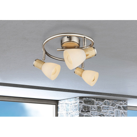 Stropné svietidlo, nikel matný, drevo, sklo biele pruhované, Ø 250, V:155, bez žiaroviek 3xE14, max. 1