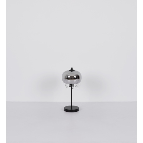 Stolová lampa, kov čierny matný, sklo dymové, sklenené krištále priehľadné, kábel textil čierny, kol 15