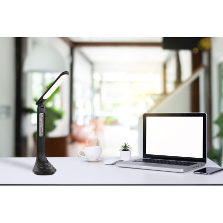 Nabíjateľná stolová lampa, plast, čierna, hodiny, kalendár, budík, s adaptérom, zapnutie dotykom, do 11