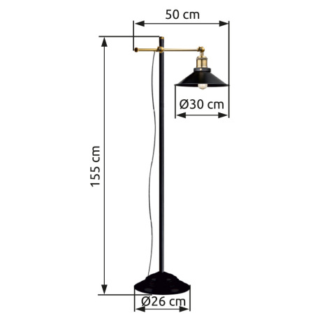 Stojanové svietidlo, kov čierny, stará mosadz, nastaviteľné, vypínač, DxŠxV:500x300x1550, bez žiarov 3