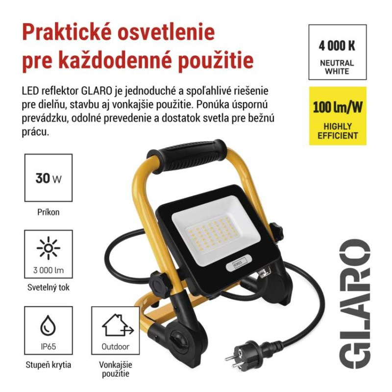 LED reflektor GLARO 30 W, žlto-čierny, IP65, 3000 lm, neutrálna biela 5