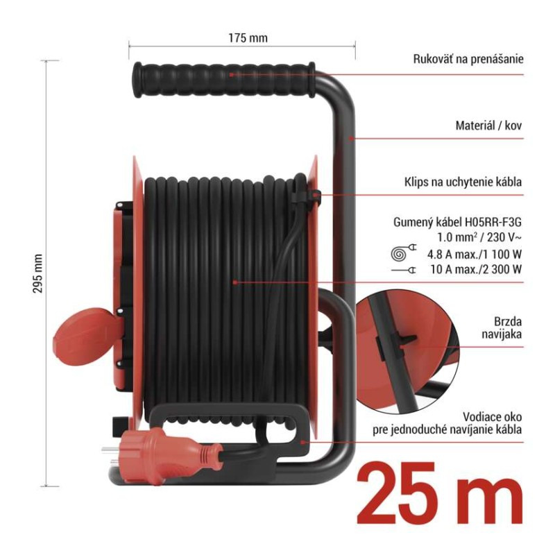 Vonkajší predlžovací kábel na bubne 25 m / 4 zásuvky / guma / 230 V / 1,0 mm2 / IP44 5