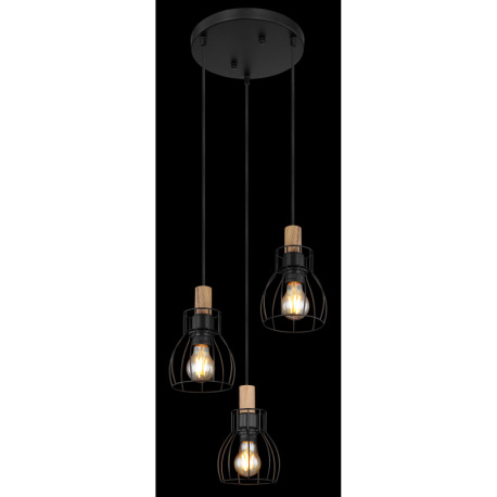 Závesné svietidlo, kov čierny, drevo tmavohnedé, kovové tyče čierne, textilný kábel čierny, výškovo 2