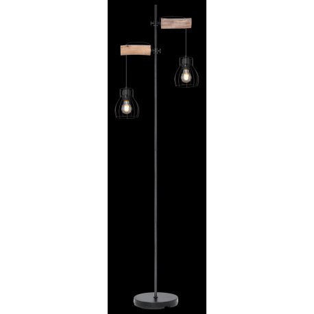 Stojanové svietidlo, čierny kov, drevo, vypínač, DxŠxV: 470x250x1680, bez žiaroviek 2xE27, max. 40W 12