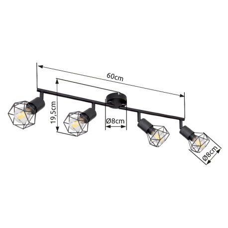 Stropné svietidlo, kov čierny, nastaviteľné, DxŠxV: 600x80x195, bez žiaroviek 4xE14, max. 40W 230V 8