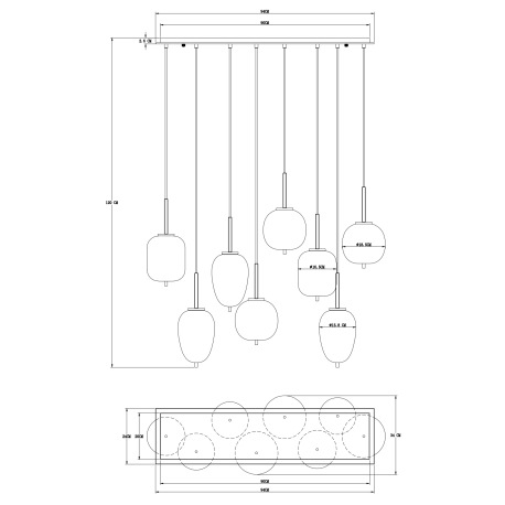 Závesné svietidlo, čierny kov, dymové sklo, rôzne tvary skla, DxŠxV: 940x340x1200, bez žiaroviek 8xE 6