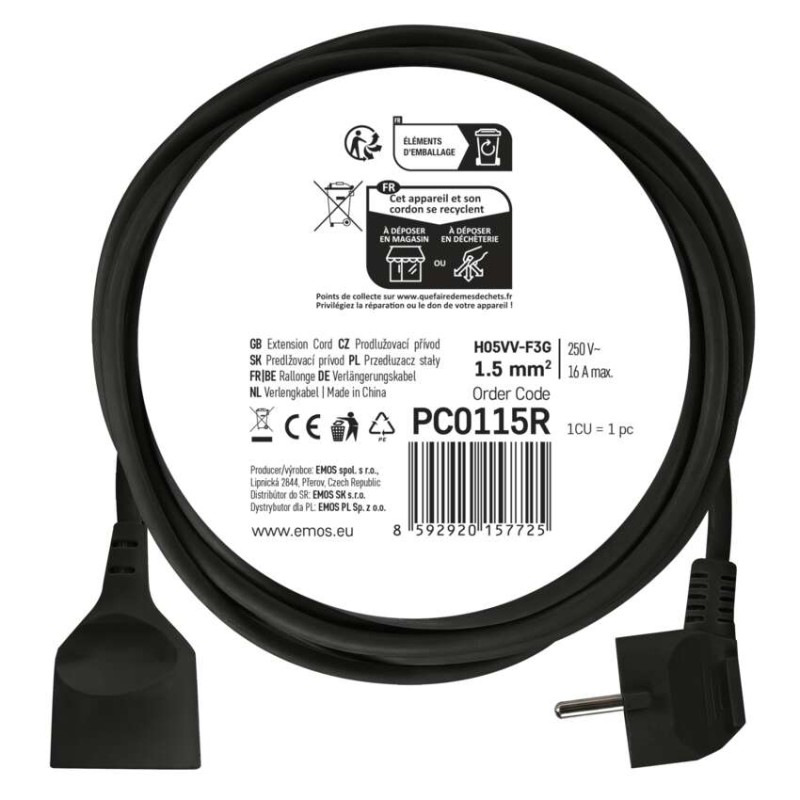 Predlžovací kábel 5 m / 1 zásuvka / čierny / PVC / 1,5 mm2 5