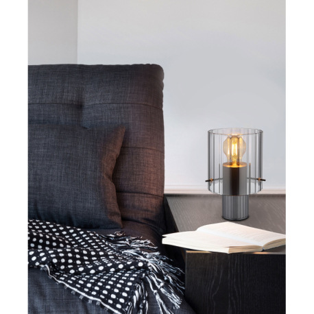 Stolná lampa, kov sivý tmavý, sklo dymovej farby, textilný kábel čierny, kolískový vypínač na kábli, 1