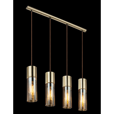 Závesné svietidlo, kov zlatý matný, sklo jantár, hnedý textilný kábel, DxŠxV:800x90x1560, bez žiarov 11