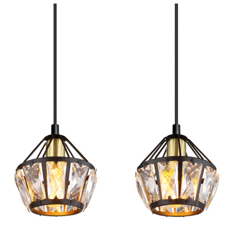 Závesné svietidlo, kov čierny matný, kov mosadz, kovové tyče čierne matné, sklenené krištále priehľa 15