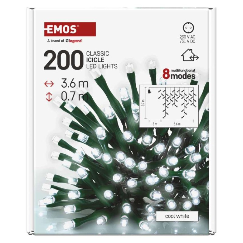 LED vianočné cencúle, 3,6 m, vonkajšie aj vnútorné, studená biela, programy 7