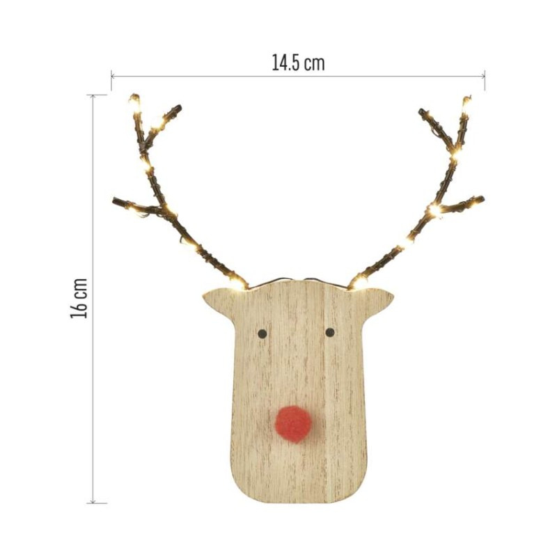 LED dekorácia drevená – sobík, 16 cm, 2x AAA, vnútorné, teplá biela, časovač, 12 ks, displ 11