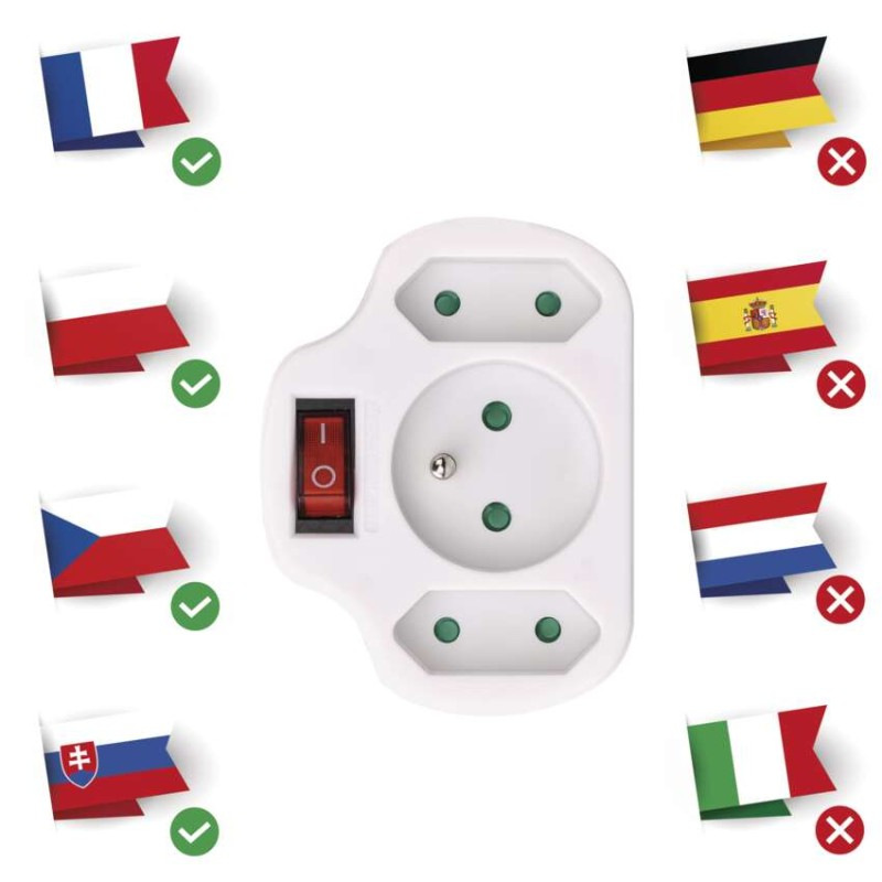 Rozbočovacia zásuvka 2× plochá +1× guľatá s vypínačom, biela 1