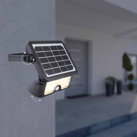 Solárne svietidlo, plast čierny a saténový, reflektor, otočné, IP65, spínač, senzor: 120 °, V: 3m, d 2