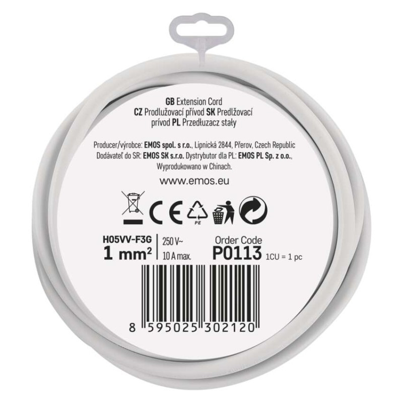 Predlžovací kábel 3 m / 1 zásuvka / biely / PVC / 1 mm2 5