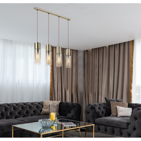 Závesné svietidlo, kov zlatý matný, sklo jantár, hnedý textilný kábel, DxŠxV:800x90x1560, bez žiarov 10