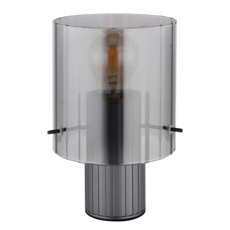 Stolná lampa, kov sivý tmavý, sklo dymovej farby, textilný kábel čierny, kolískový vypínač na kábli, 2