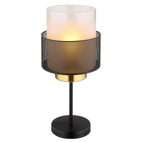 Stolové svietidlo, kov čierny matný, sklo satinované, priehľadné, čierny textilný kábel, kolískový v