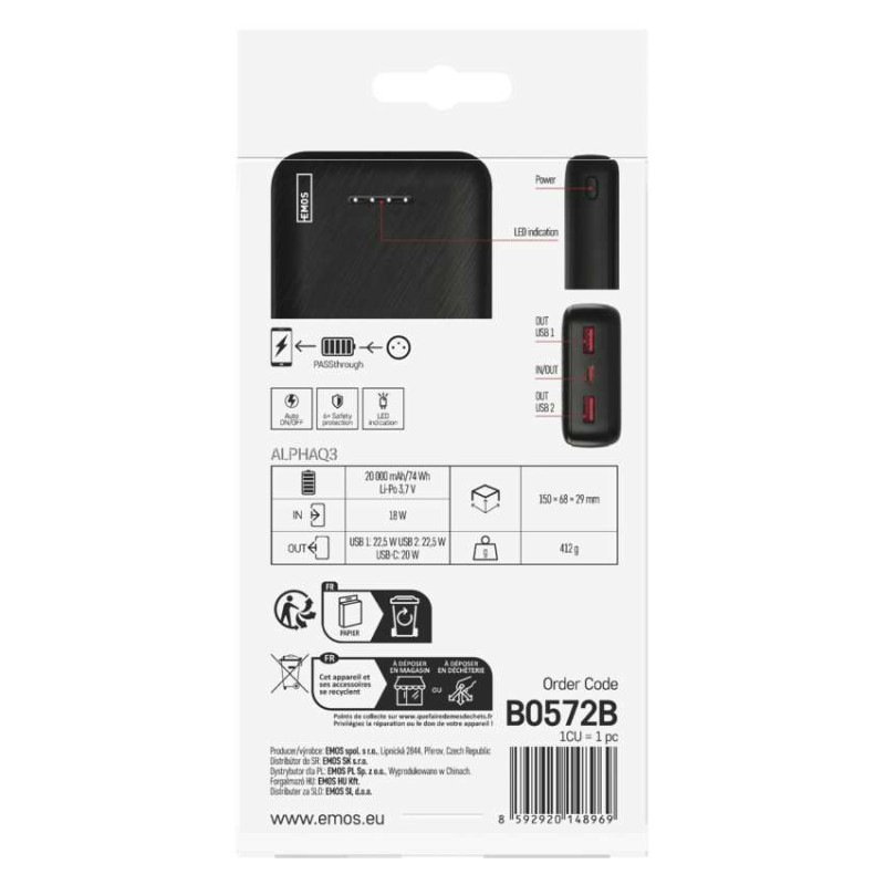 Power bank EMOS AlphaQ3, 20 000 mAh, 22,5 W, čierny 11